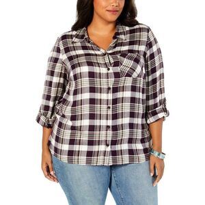 NWT Sz 0X Style & Co Plaid Collar Button-Down Shirt Black white off Ivory New
